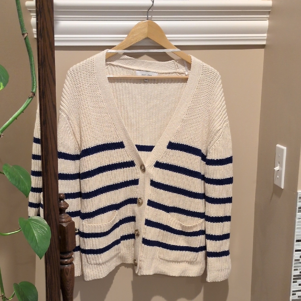 John + Jenn Cream and Navy Striped Cardigan